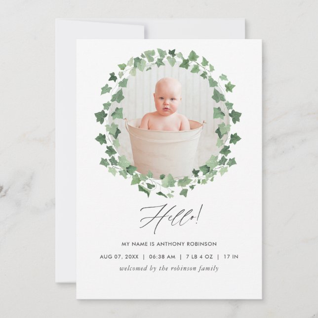 Watercolor Greenery Birth Announcement Photo Card (Front)