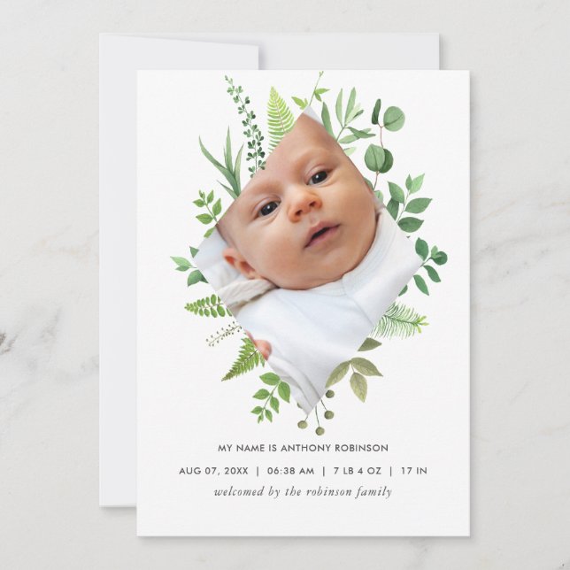 Watercolor Greenery Birth Announcement Photo Card (Front)