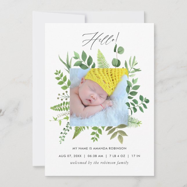 Watercolor Greenery Birth Announcement Photo Card (Front)