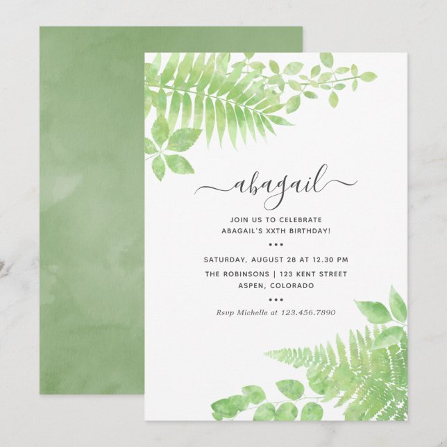 Watercolor Greenery Birthday Invitation (Front/Back)