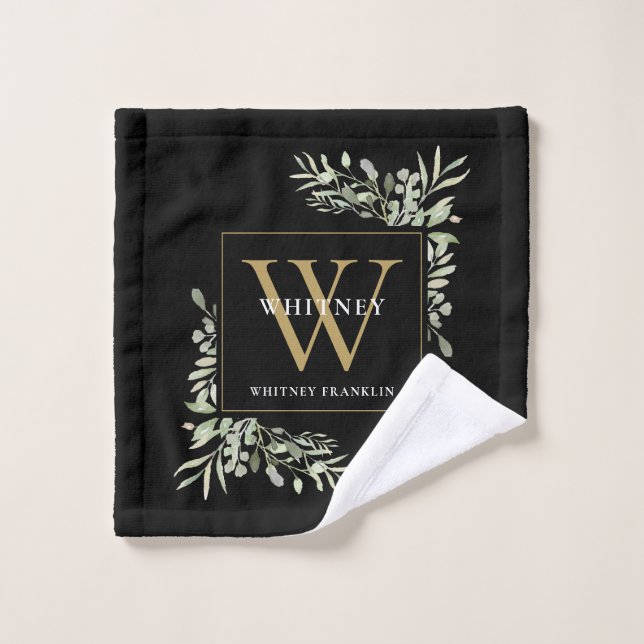 Watercolor Greenery Black Gold Monogram Name Bath  Towel Set (Wash Cloth)