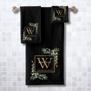 Watercolor Greenery Black Gold Monogram Name Bath  Towel Set