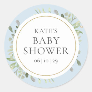 Watercolor Greenery Blue Boy Baby Shower Classic Round Sticker
