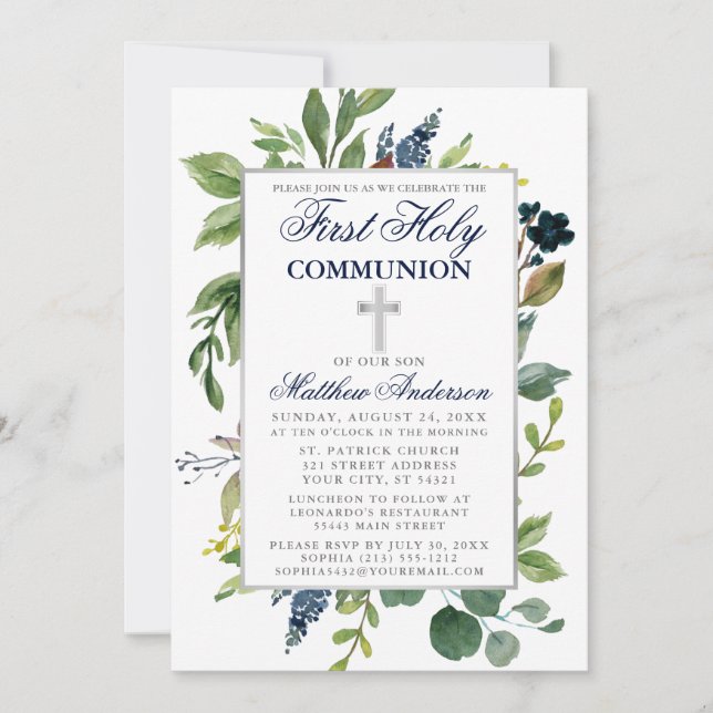 Watercolor Greenery Blue First Holy Communion Invitation (Front)