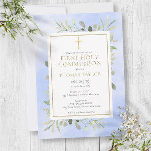 Watercolor Greenery Blue First Holy Communion Invitation