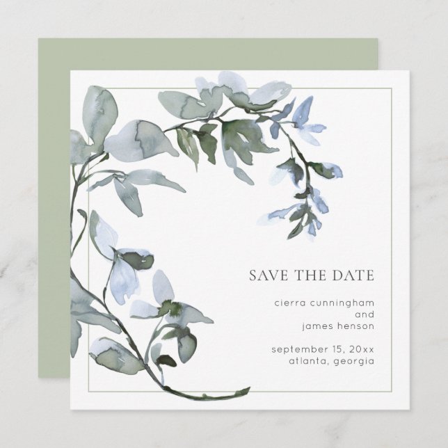 Watercolor Greenery Blue Floral Save The Date (Front/Back)