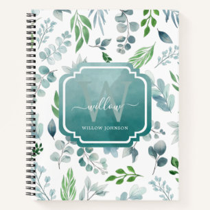 Watercolor Greenery Blue Green Foliage Monogram Notebook