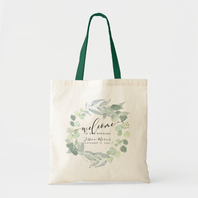 Watercolor Greenery Blue Gum Eucalyptus Welcome Tote Bag (Front)