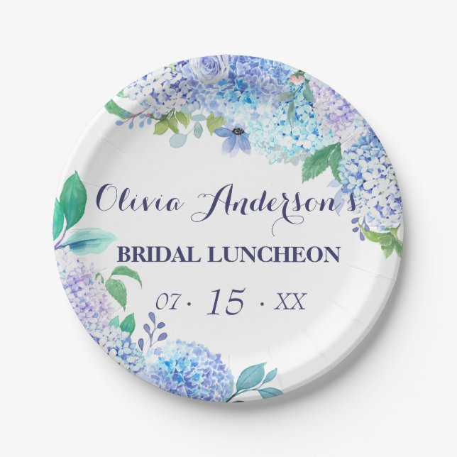 Watercolor Greenery Blue Hydrangea Bridal Luncheon Paper Plate (Front)
