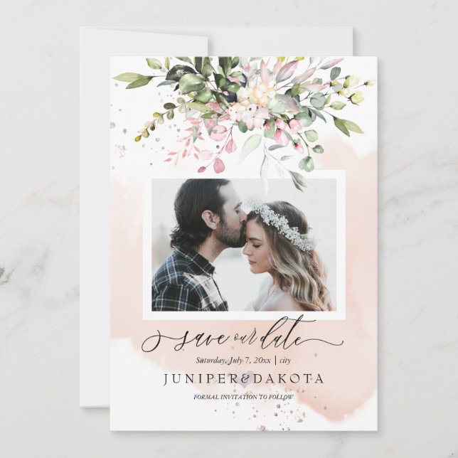 Watercolor Greenery Blush Pink Dusty Rose Invitation (Front)
