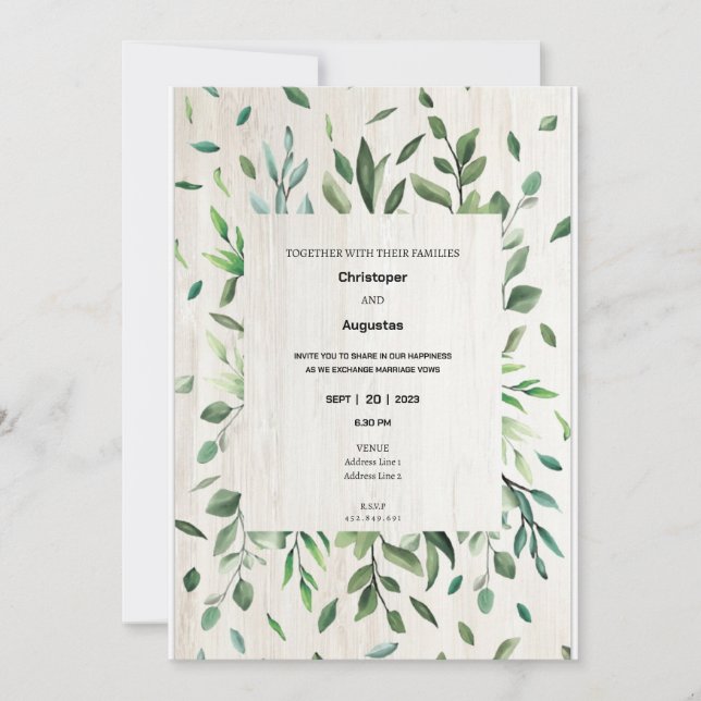 Watercolor greenery border Wedding Invitation card (Front)