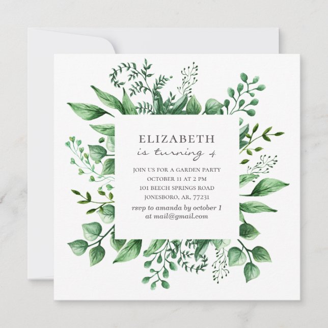 Watercolor greenery botanic. Garden kids birthday Invitation (Front)