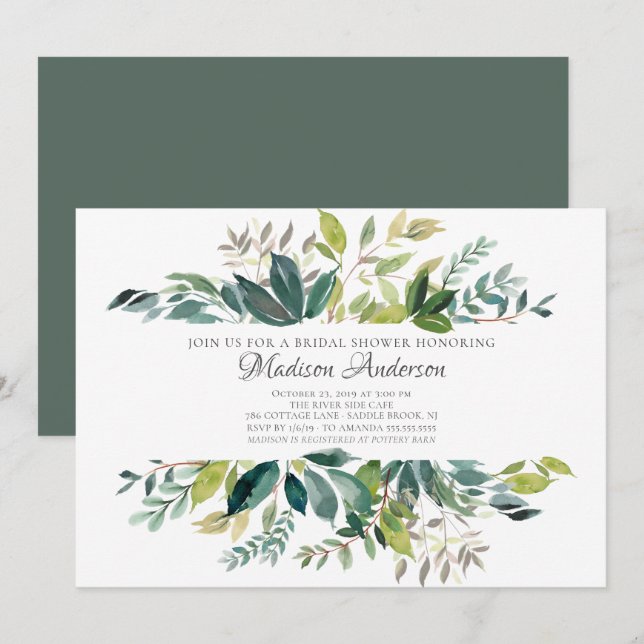 Watercolor Greenery Botanical Bridal Shower Invitation (Front/Back)