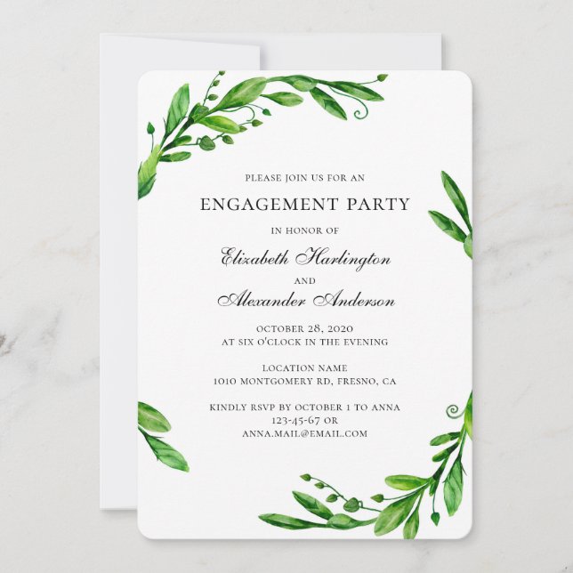 Watercolor greenery botanical engagement party invitation (Front)