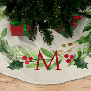 Watercolor Greenery Botanical  Wreath w/ Monogram Brushed Polyester Tree Skirt