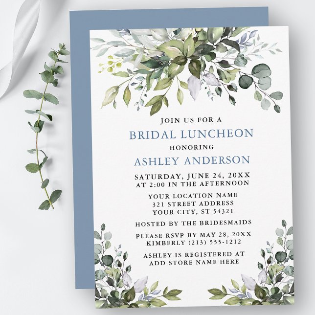 Watercolor Greenery Bridal Luncheon Dusty Blue Invitation (Customize to change text color, text style or color of back of card.)
