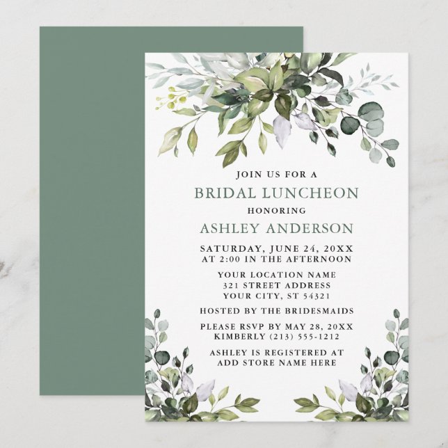 Watercolor Greenery Bridal Luncheon Sage Green Invitation (Front/Back)