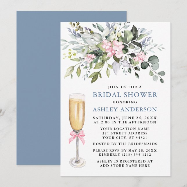 Watercolor Greenery Bridal Shower Dusty Blue Pink Invitation (Front/Back)