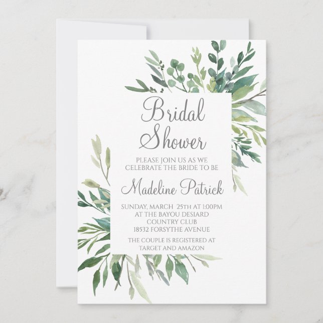 Watercolor Greenery Bridal Shower Invitation (Front)