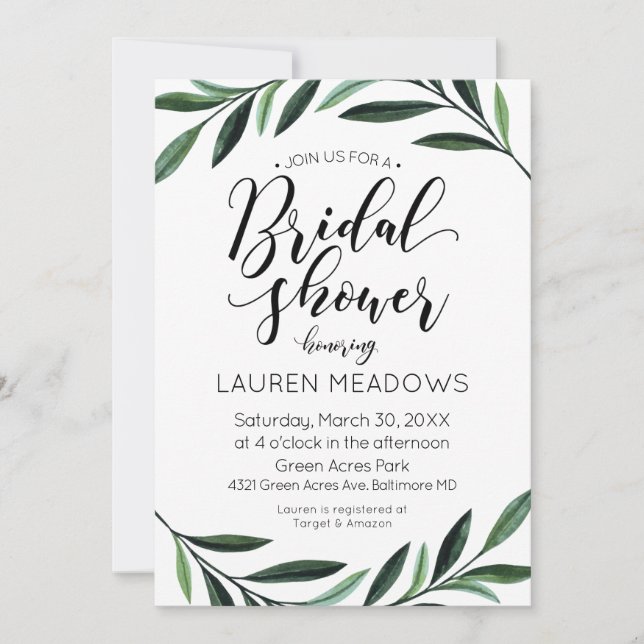 Watercolor Greenery Bridal Shower Invitation (Front)