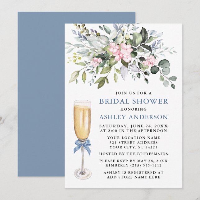 Watercolor Greenery Bridal Shower Pink Dusty Blue Invitation (Front/Back)