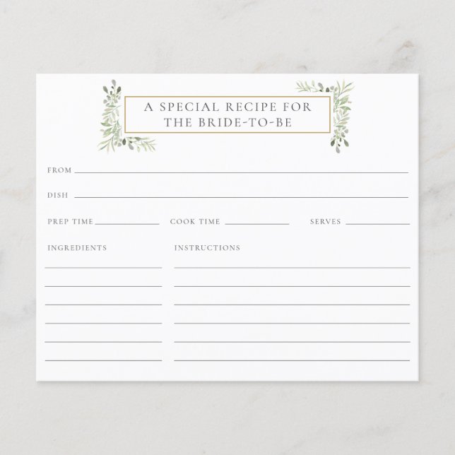 Watercolor Greenery Bridal Shower Recipe Card (Front)