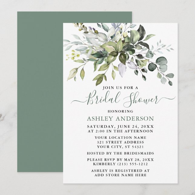 Watercolor Greenery Bridal Shower Sage Green Invitation (Front/Back)