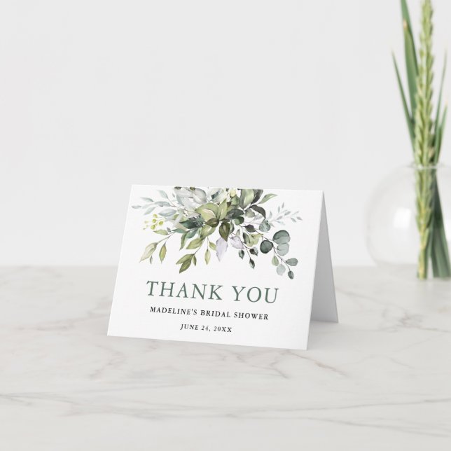 Watercolor Greenery Bridal Shower Sage Green Thank You Card (Front)
