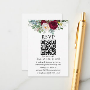 Watercolor Greenery Burgundy Floral QR RSVP Enclosure Card