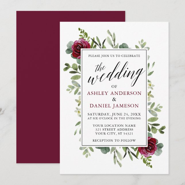 Watercolor Greenery Burgundy Roses Wedding Invitation (Front/Back)
