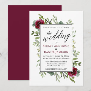 Watercolor Greenery Burgundy Roses Wedding Invitation