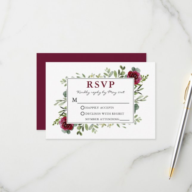 Watercolor Greenery Burgundy Roses Wedding RSVP Card (Front/Back In Situ)
