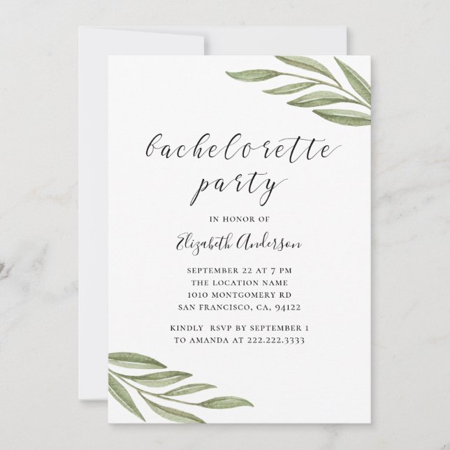 Watercolor greenery calligraphy bachelorette party invitation (Front)