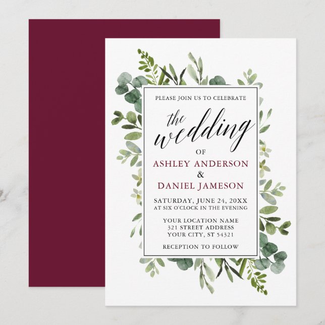 Watercolor Greenery Calligraphy Burgundy Wedding Invitation (Front/Back)