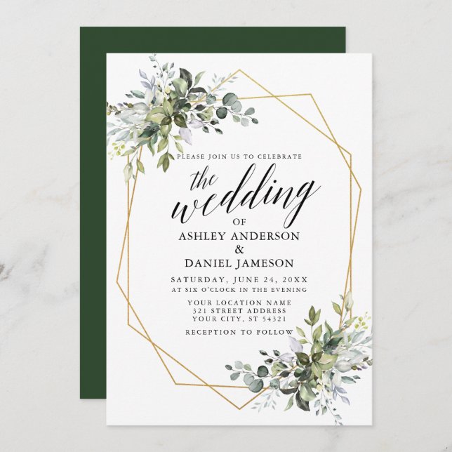 Watercolor Greenery Calligraphy Geometric Wedding Invitation (Front/Back)