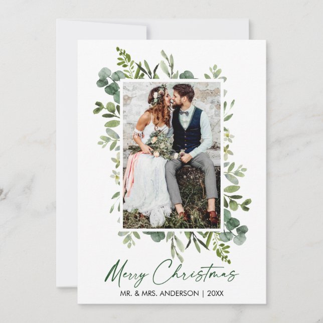 Watercolor Greenery Calligraphy Green Ink Wedding Holiday Card (Front)