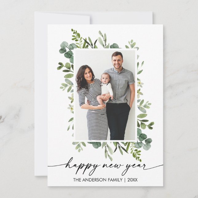 Watercolor Greenery Calligraphy Ink Happy New Year Holiday Card (Front)