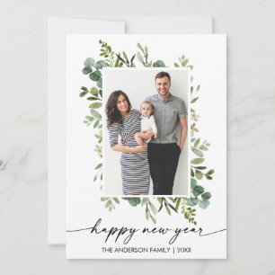 Watercolor Greenery Calligraphy Ink Happy New Year Holiday Card