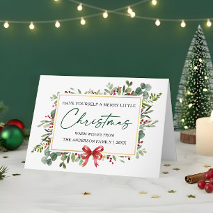 Watercolor Greenery Calligraphy Ink Red Bow Fold Holiday Card