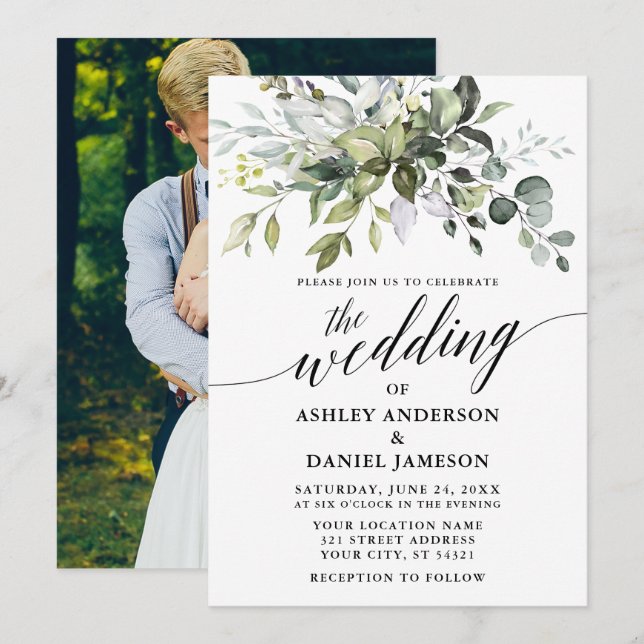 Watercolor Greenery Calligraphy Photo Back Wedding Invitation (Front/Back)