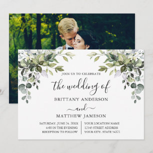Watercolor Greenery Calligraphy Photo Wedding Invitation