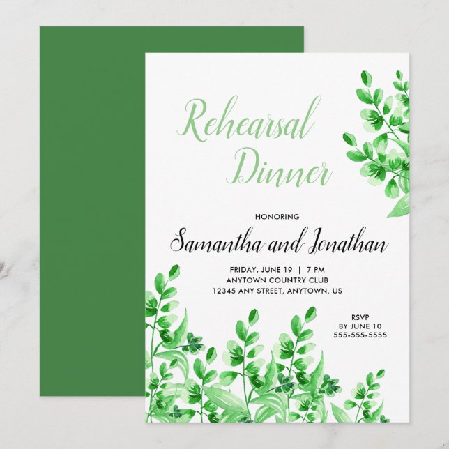 Watercolor Greenery Calligraphy Rehearsal Dinner Invitation (Front/Back)