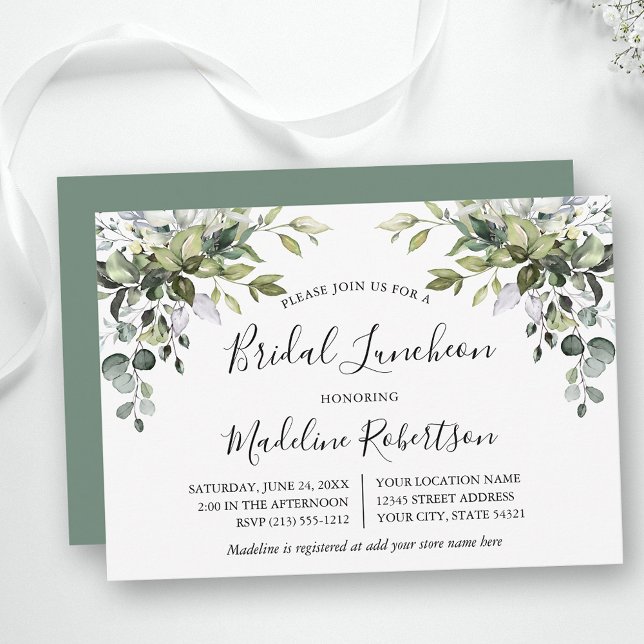Watercolor Greenery Calligraphy Sage Bridal Lunch Invitation (Customize to change text color, text style or color of back of card.)