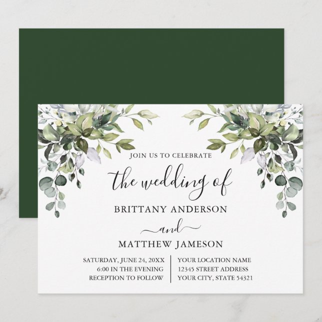 Watercolor Greenery Calligraphy Wedding Invitation (Front/Back)