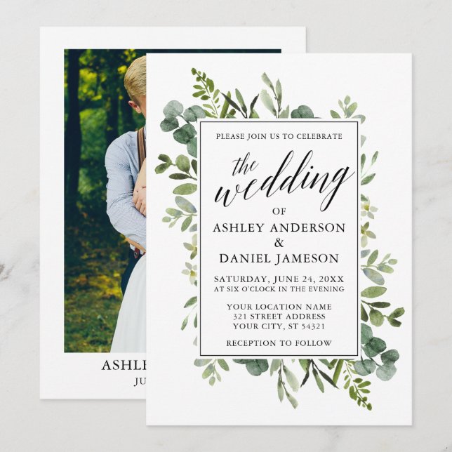Watercolor Greenery Calligraphy Wedding Photo Invitation (Front/Back)