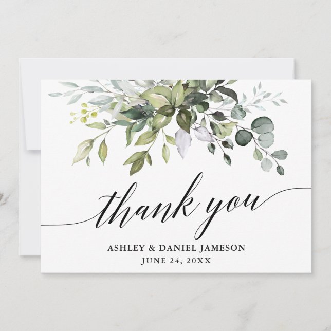 Watercolor Greenery Calligraphy Wedding Thank You Card (Front)