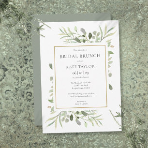 Watercolor Greenery Chic Gold Bridal Brunch Invitation