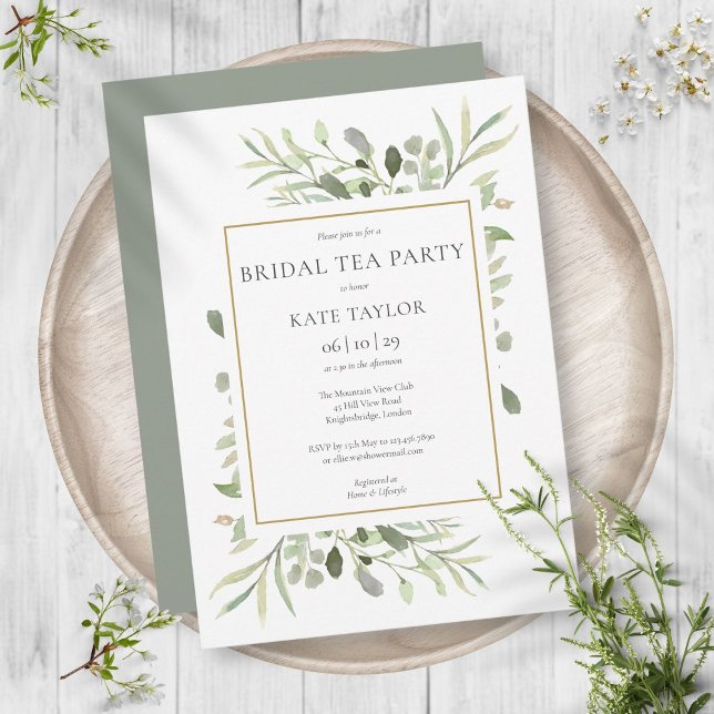 Watercolor Greenery Chic Gold Bridal Tea Party Invitation (Watercolor Greenery Chic Gold Bridal Tea Party Invitation)