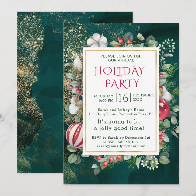 Watercolor greenery, Christmas baubles, eucalyptus Invitation (Front/Back)