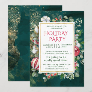 Watercolor greenery, Christmas baubles, eucalyptus Invitation